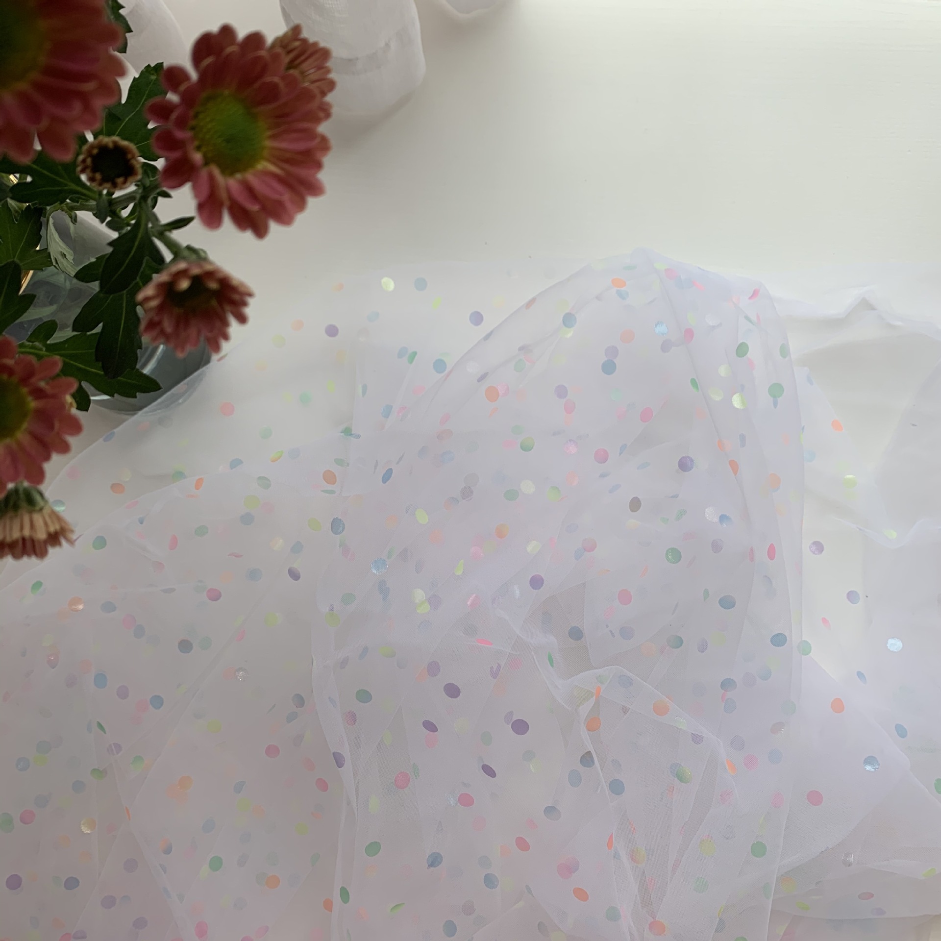 网眼布特美后加工烫金彩膜小花波点网纱童装汉服洛丽塔桌布纱面料