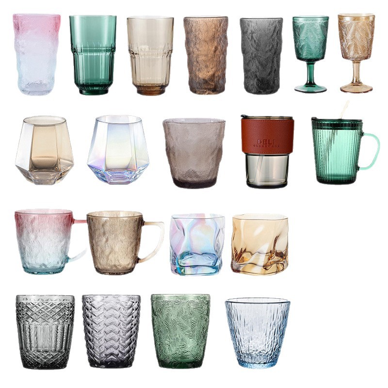 Taza de vidrio de color brillante taza de whisky de geometría de hielo taza de jugo taza de vino taza de flores taza de color set al por mayor