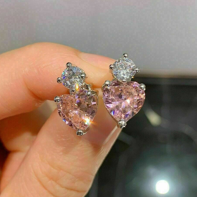 Popular Heart-shaped Pink Zircon Heart Copper Earrings Wholesale display picture 4