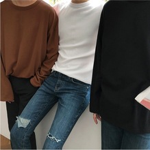 【清仓】韩版春秋圆领纯色长袖t恤男潮ins港风宽松打底衫男内搭