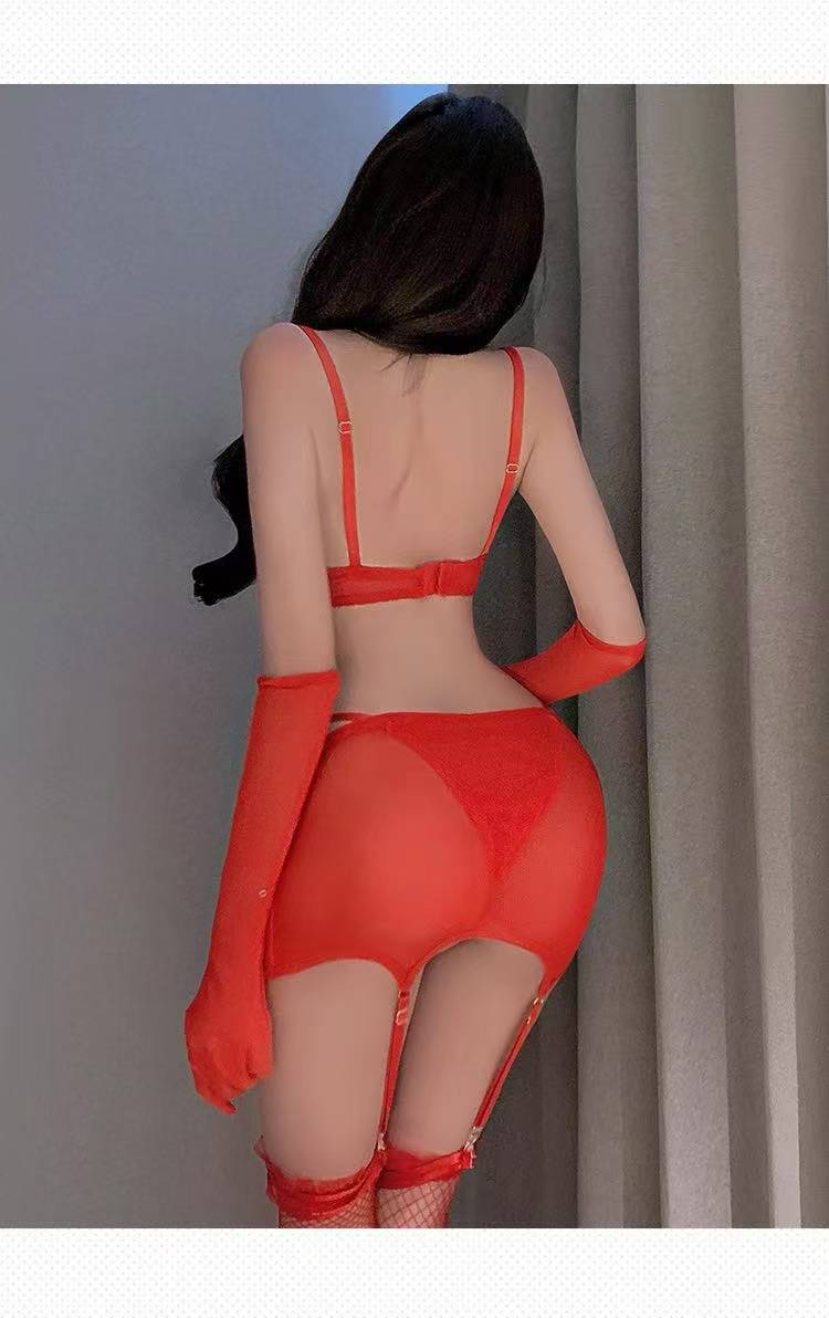 Women’s Red Mesh Lingerie Set with Gloves and Stockings, See-Through Open-Bust Design — detail image 6
