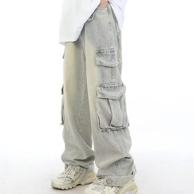 Jeans cargo multitasche stile retrò americano da uomo, pantaloni lunghi lavati vintage, stile streetwear pesante_voghion.com