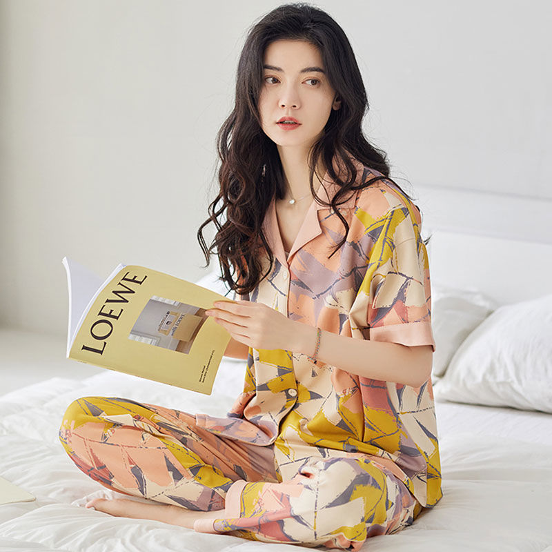 100% pijamas de algodón de verano de las mujeres pantalones de manga corta cardigan dulce verano Delgado homewear traje