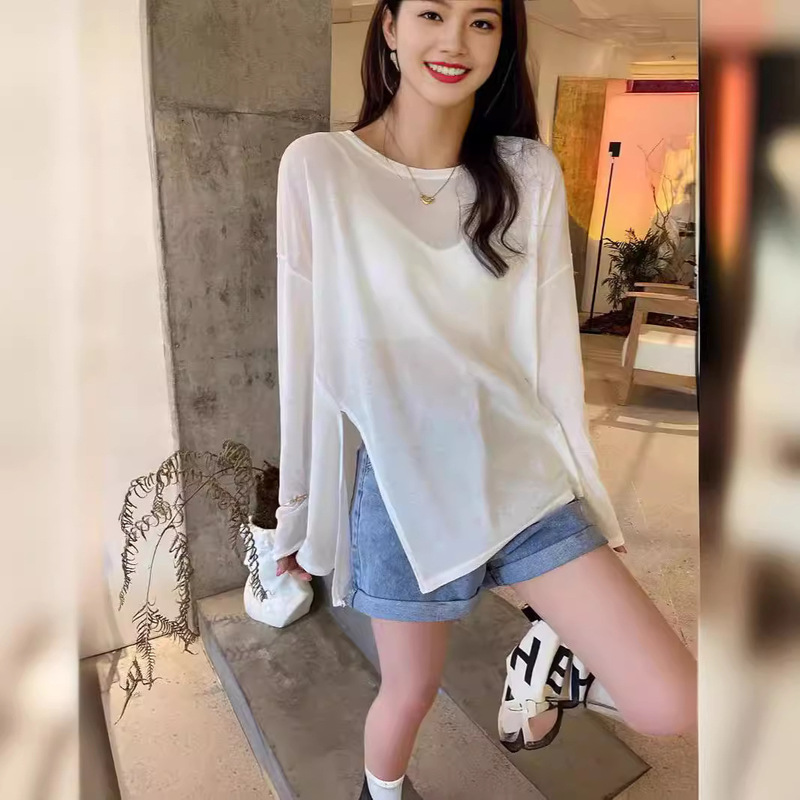See-Through Ice Silk Top Summer Asymmetrical Long-Sleeved Mask T-Shirt Women's Loose Thin Slit Sun Protection Clothing Blouse Trendy