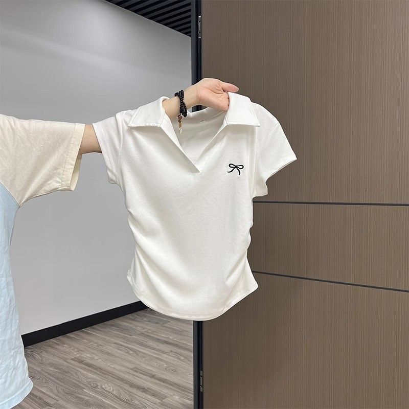 Chic Summer Polo Collar Short-Sleeve T-Shirt for Women, New Slim-Fit Waist-Cinching Short Top, Versatile Trendy Fashion