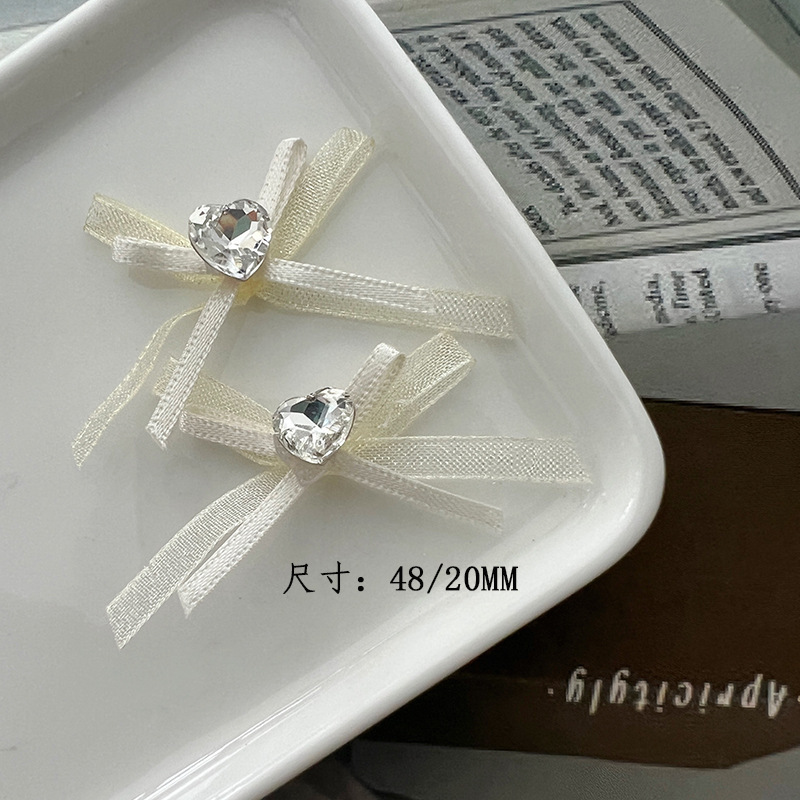 蕾丝欧根纱双层飘带蝴蝶结手工堆钻布艺网纱爱心蝴蝶结美甲饰品钻|undefined