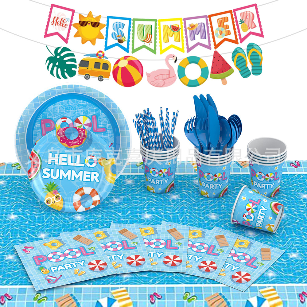 Nuevo verano piscina fiesta cena placa decoración traje verano vacaciones tema papel plato papel taza pull bandera Decoración