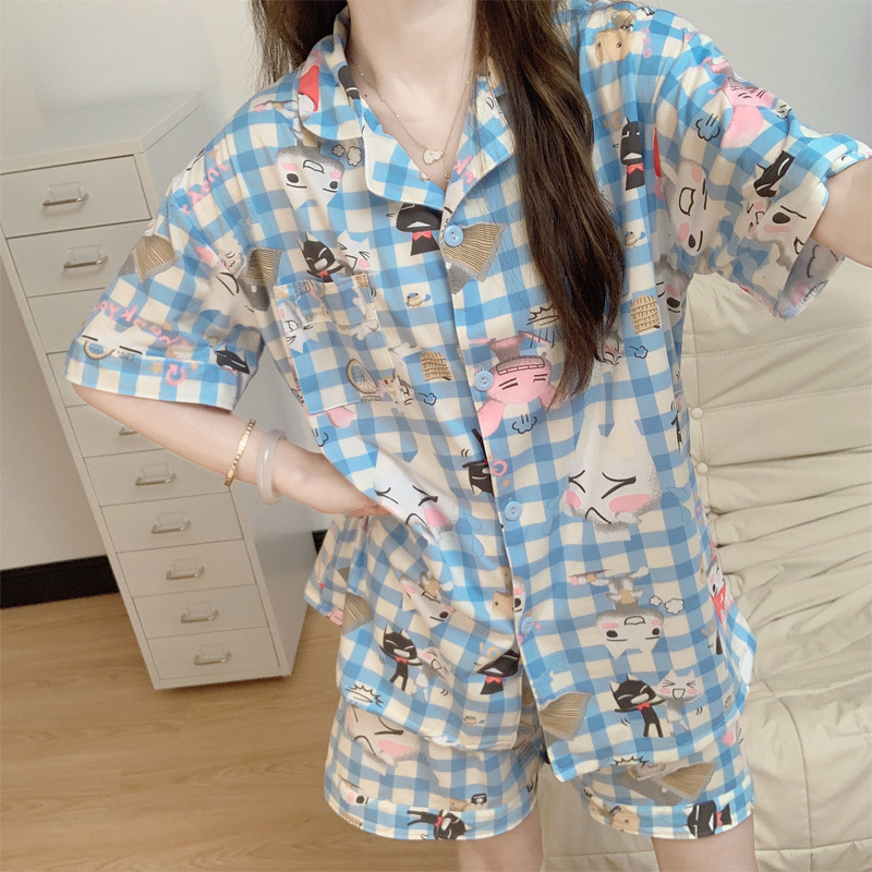 Japanese-Style Women's Pajamas with a High-End Feel, Plaid Summer Cotton-Like Short-Sleeve Set, Doraemon Cartoon Loungewear Wholesale Japanese-Style Women's Pajamas with a High-End Feel, Plaid Summer Cotton-Like Short-Sleeve Set, Doraemon Cartoon Loungewear Wholesale