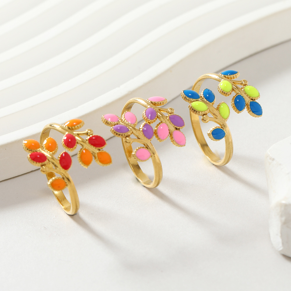 Stainless Steel IG Style Leaves Enamel Plating Open Rings display picture 1