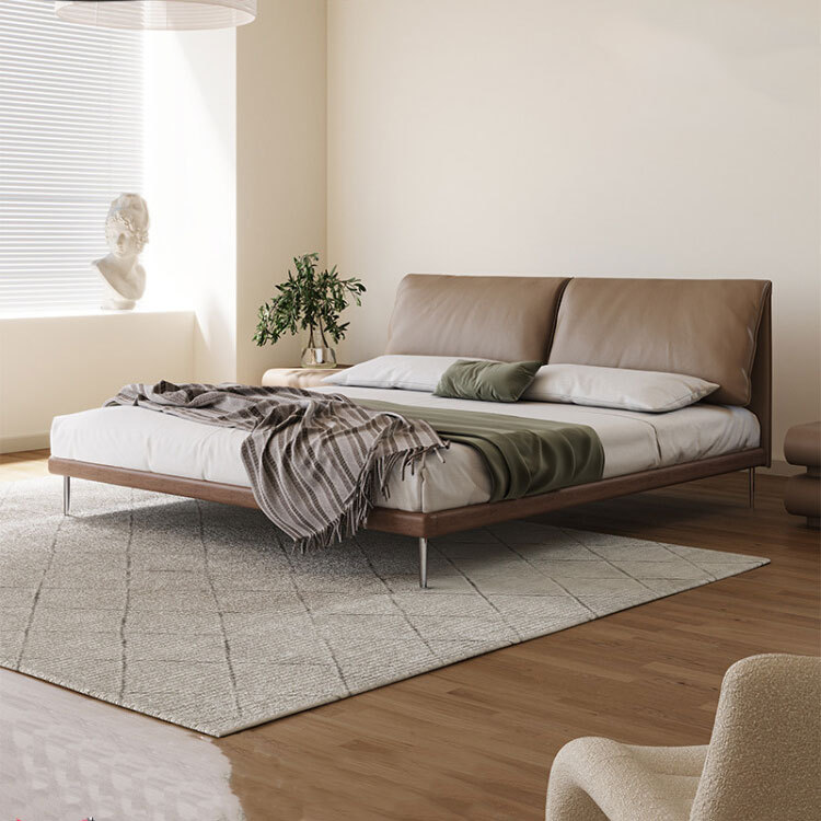 Cama de cuero con orejas de elefante, cama doble simple italiana, cama de madera de haya retro, cama moderna y simple.