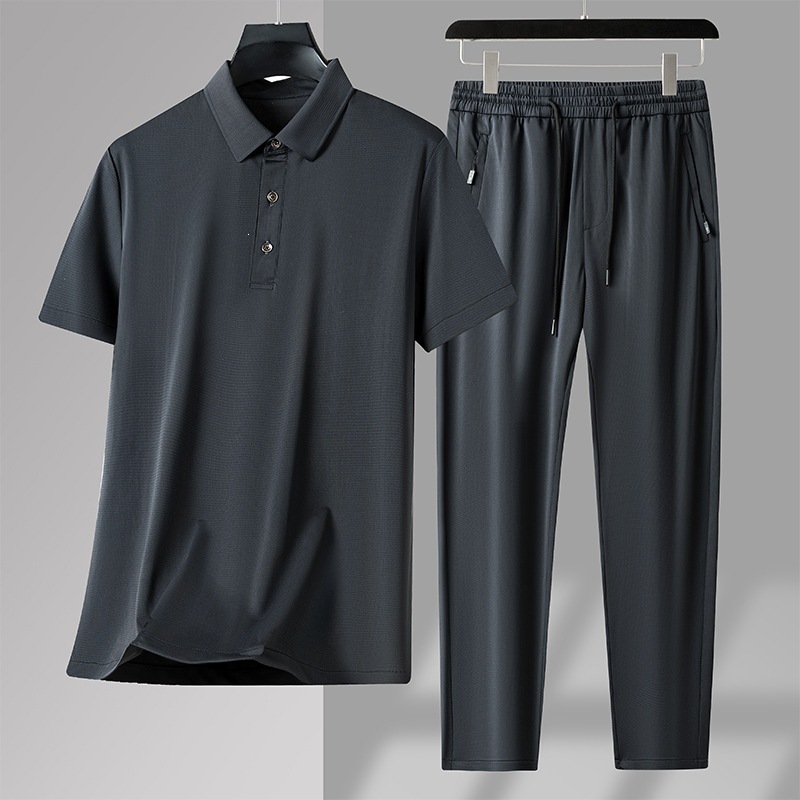 New Summer Ice Silk Thin Stretch Polo Shirt Set, Quick-Drying Straight-Leg Sports Men's Two-Piece Set for Middle-Aged and Elderly