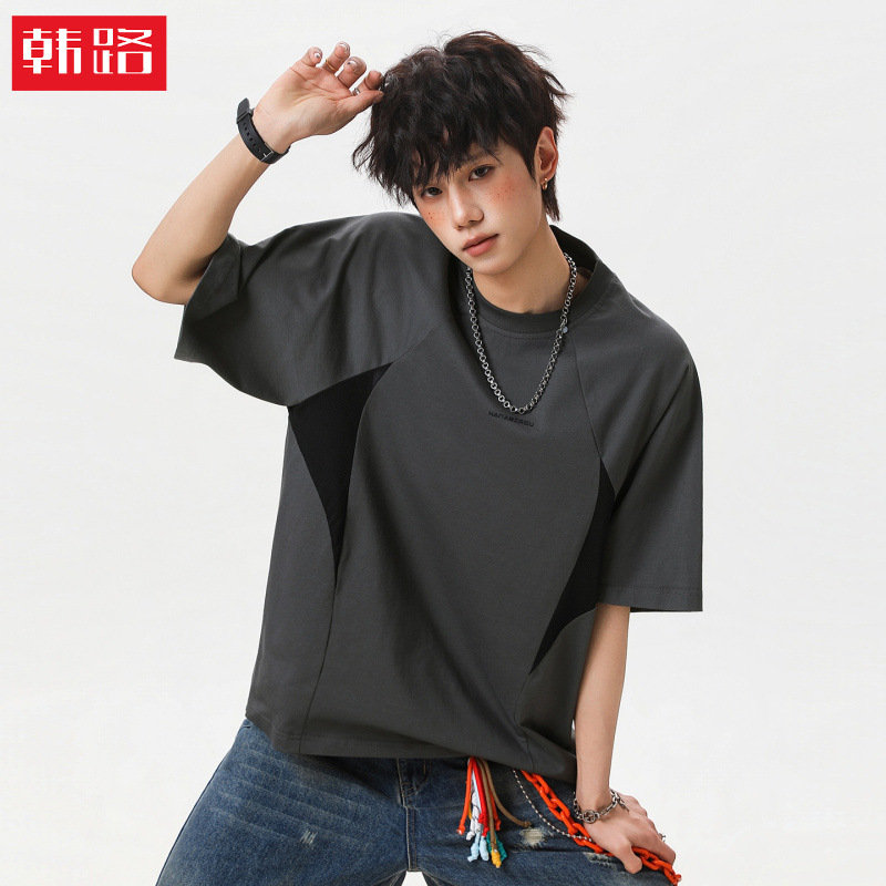 American Retro Style Short-Sleeved T-Shirt for Men, Summer Style, Contrasting Color Mesh Stitching, Letter Print Half-Sleeved T-Shirt Q American Retro Style Short-Sleeved T-Shirt for Men, Summer Style, Contrasting Color Mesh Stitching, Letter Print Half-Sleeved T-Shirt Q