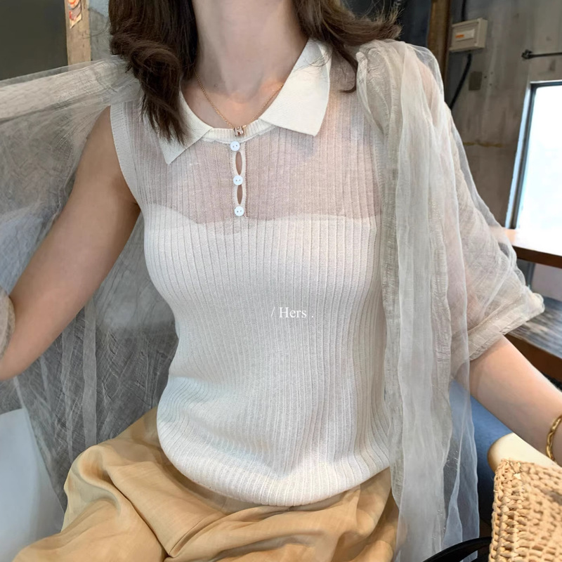 Hers a Spoonful of Sweetness: Summer Korean-Style Simple and Elegant Daily Wear, Slightly Sheer Polo Collar Knitted Short-Sleeve Vest for Women