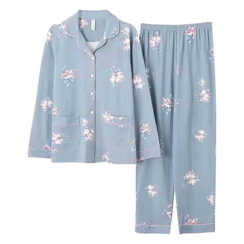 100% pijamas de algodón de las mujeres Primavera y otoño de manga larga delgada Chaqueta de punto traje de primavera y verano suelta más tamaño de la madre ropa de algodón para el hogar