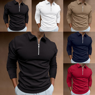 2022 cross-border Europe and the United States autumn and winter AliExpress Amazon new POLO shirt zipper stripe long sleeve men's polo shirt