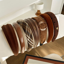 秋冬咖色皮质宽发箍女高颅顶日常外戴洗脸防滑头箍高级感轻奢发捆