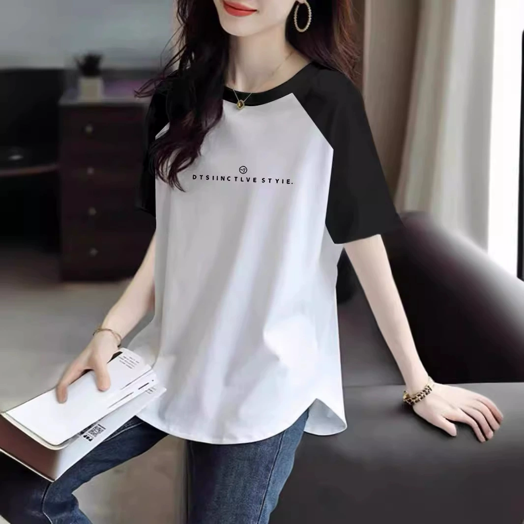 Хлопчатобумажная рубашка с короткими рукавами футболка для девочек летом 2024 новый свободный изогнутый подол средней длины топ ins прилив круглый воротник