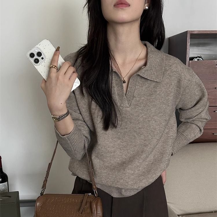 Polo Collar Pullover Casual Retro French Lazy Style Long-Sleeved Knitwear Pure Color Soft Waxy Foreign Style Loose Knitwear for Women