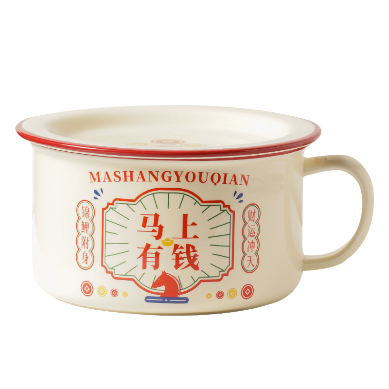 Porcelana de pelo suelto nuevo tipo de imitación de esmalte bol de fideos con cubierta para dormitorios de estudiantes de alto valor facial bol de fideos puede microondas bol de arroz