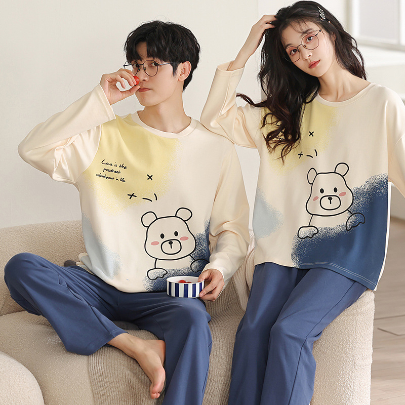 【100% 純綿】カップルパジャマ女性春と秋の綿100% 長袖セット男性ホームウェア可愛いアニメ