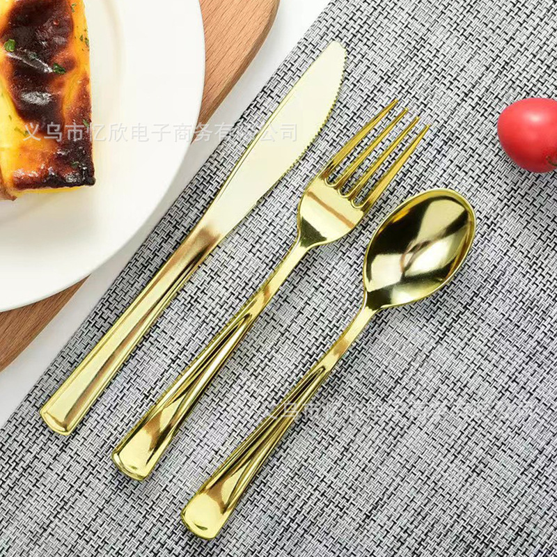 Disposable Plated Plastic Gold Fork Gold Plated Knife and Fork Spoon Western Food Tableware Cake Fork Party Banquet Fork