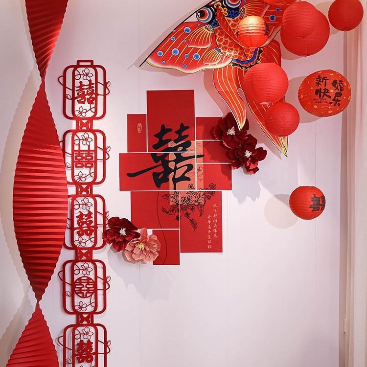 婚房布置装饰套装新结婚礼用品喜字男女方卧室简约酒店风筝灯笼|undefined