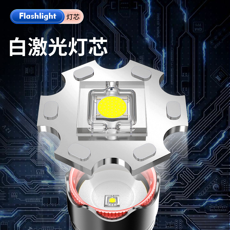 LCD digital linterna eléctrica láser blanco aleación de aluminio telescópica zoom linterna luz fuerte tiro largo linterna generación pelo