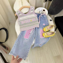Yumi Cocoa2024夏季韩版童装新款立体花朵针织条纹背心破洞牛仔裤