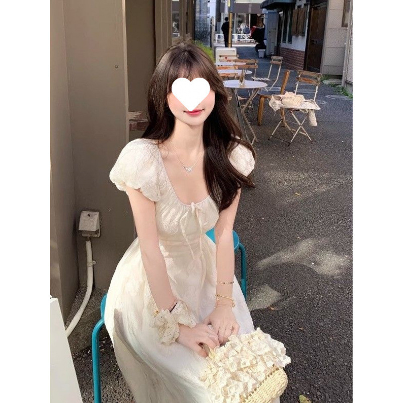 フレンチハイエンドジャカードドレス2025夏新作ウエスト痩身パフスリーブロングスカートAラインスカート女性用|undefined