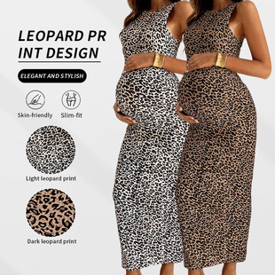 Cross-Border New European and American Maternity Dress Spring and Summer Round Neck Sleeveless Printed Leopard Print Slim Fit Belly-Covering Sexy Long Skirt