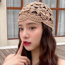 手工编织花朵镂空薄帽春夏季蕾丝透气头巾帽钩针包头棉线帽子女