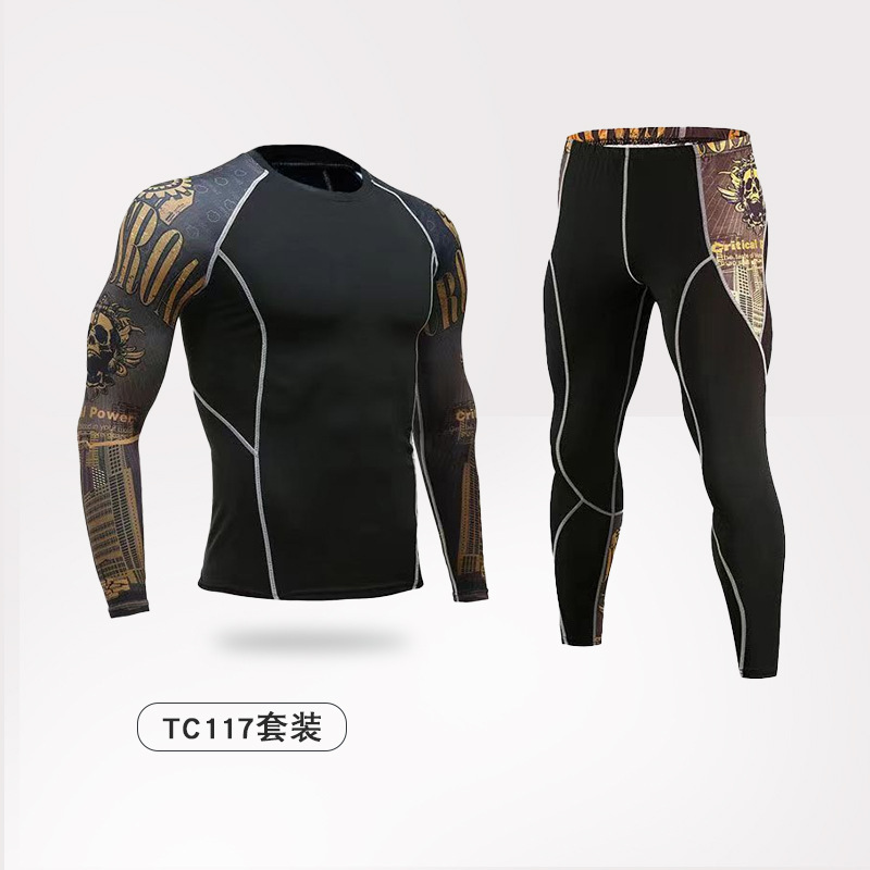 Logotipo personalizado fitness traje de ropa deportiva primavera y otoño para hombres transpirable cuello redondo elástico alto estampado manga larga ropa ajustada de secado rápido