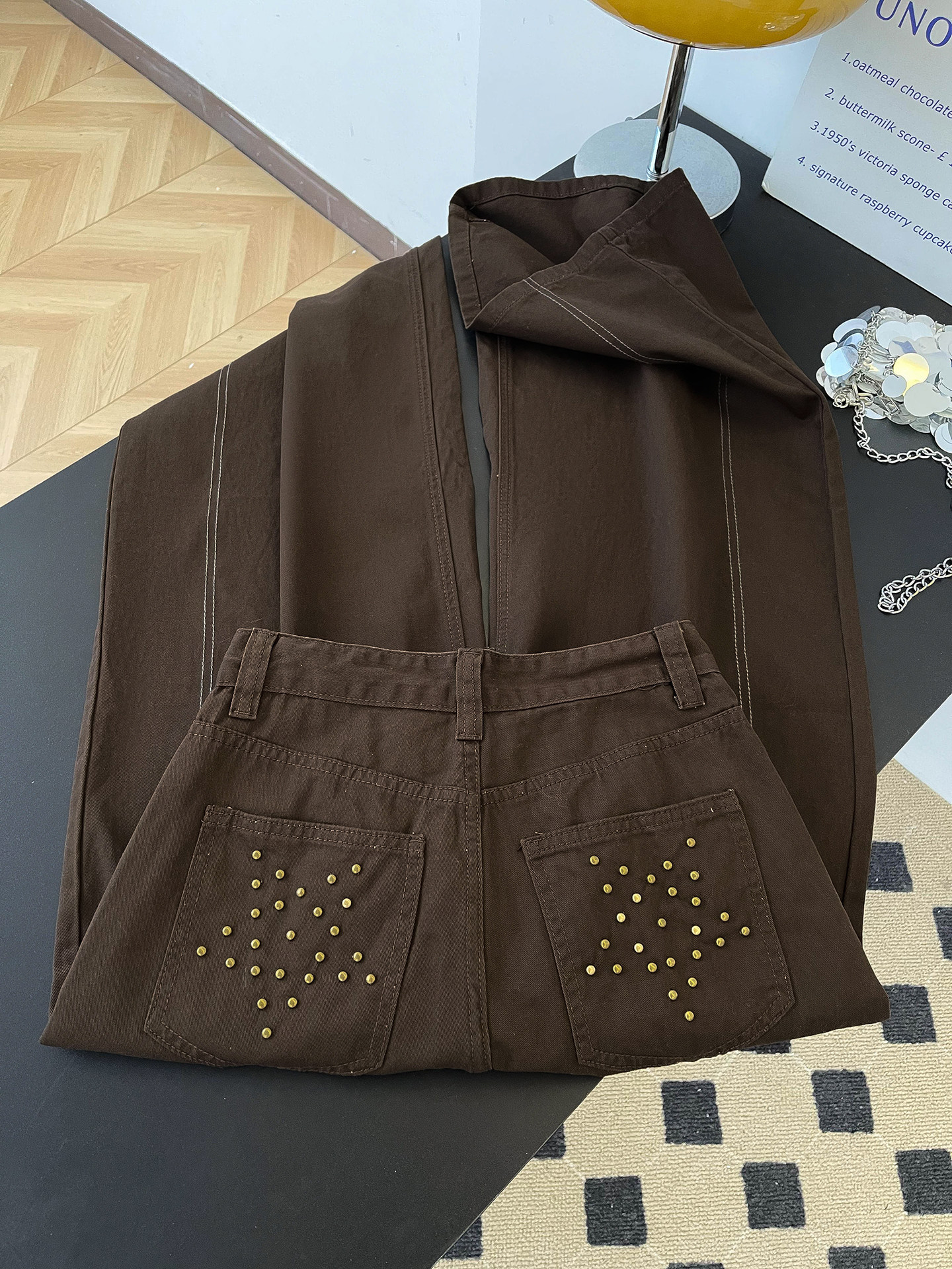 Women's High-Waisted Slimming Wide Leg Trousers Brown Rhinestone Patchwork Casual Denim Jeans Pocket Detail Retro American Style Spring Fashion_ecoleips.com