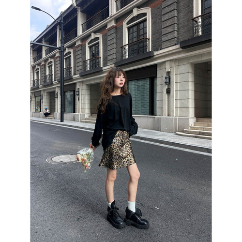 GAGD Luxury Satin Drapey Leopard Print Mini Skirt for Women — Gold-Embossed, Glossy Finish, Versatile, Slimming, and Leg-Lengthening Fishtail Half Skirt