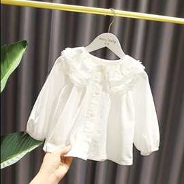 女童秋装衬衫2023新款小儿童长袖衬衣女宝宝娃娃领白色上衣潮