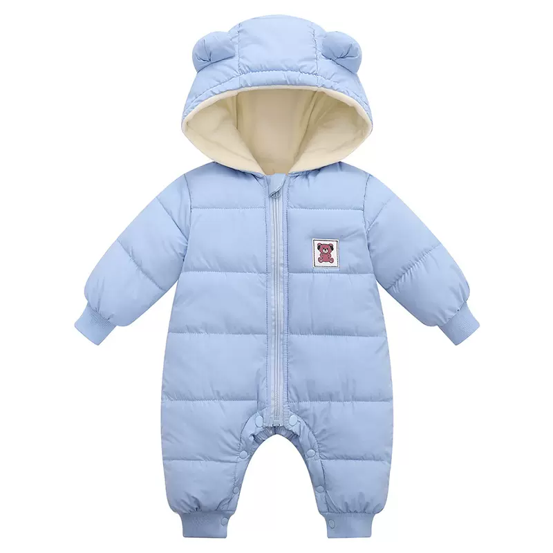 秋冬新款婴幼童宝宝加绒加厚羽绒棉连体哈衣男女童连帽爬爬服