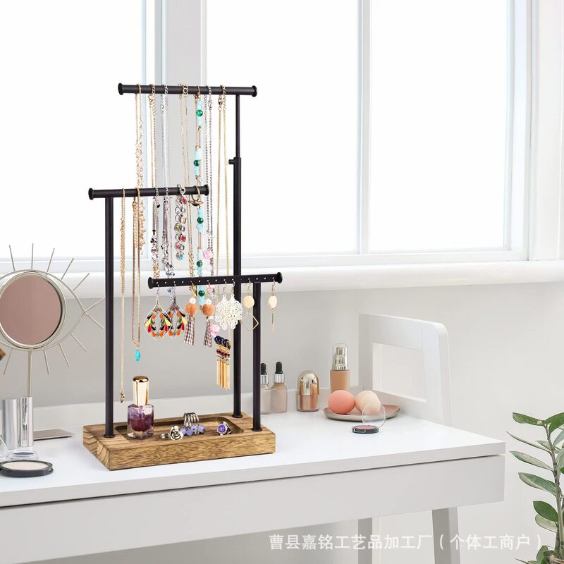 Creative Iron and Wood Combination Multi-layer Storage Rack Necklace Earrings Multifunctional Display Stand Desktop Jewelry Three-layer Storage Rack