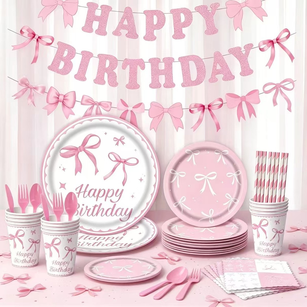 Amazon Pink Bow Series Birthday Party Decorations Holiday Disposable Plates Tablecloth Paper Cups Paper Napkins