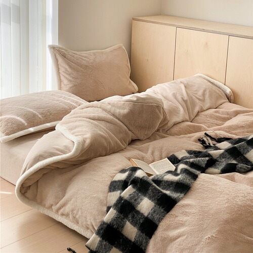 Simple solid color light luxury style rex rabbit hair milk velvet four-piece set autumn and winter warm rabbit warm milk cover quilt cover bedding