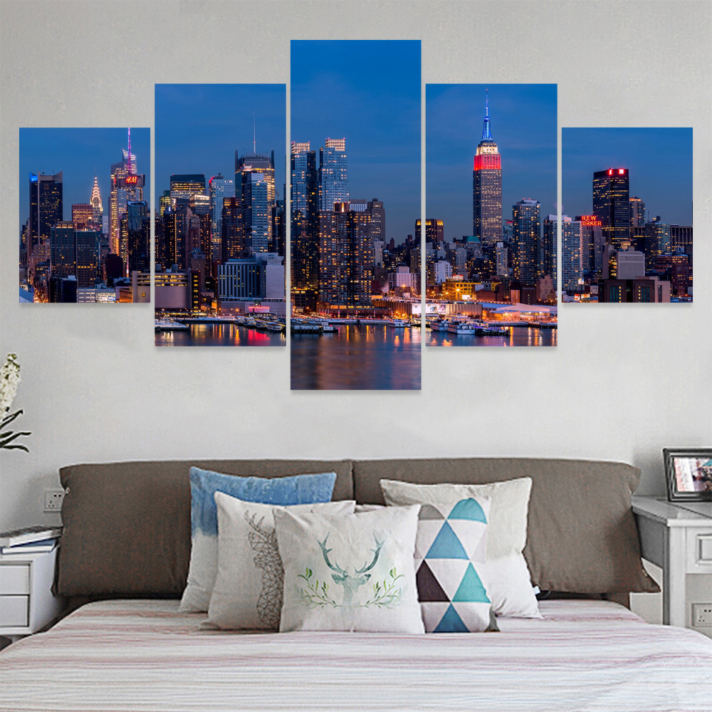 亚马逊上新城市建筑高清喷绘五联帆布画 厂家专供喷绘无框跨境画