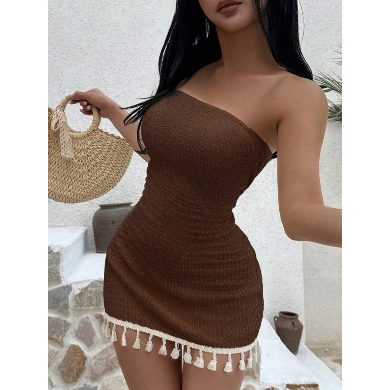 D 11894 comercio exterior transfronterizo tela de textura sexy sin cinturón de hombro vestido de costura de borda