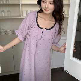 韩国东大门新款外贸女士睡裙短袖花边领睡衣波点可外穿女家居服女