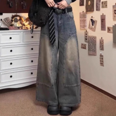 【韩牛】秋冬新款设计感宽松显高显瘦直筒拼接高腰阔腿牛仔裤女