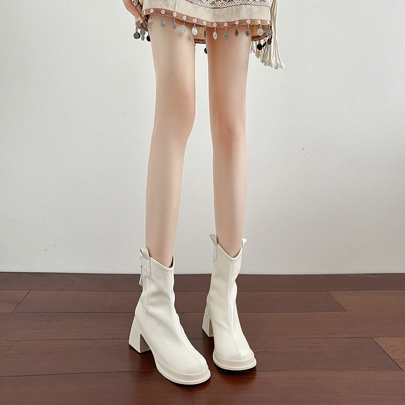 White Martin Boots for Women, 2025 Autumn and Winter New Style, Western Cowboy Boots, Thick-Soled British Style Chunky High-Heeled Short Boots with Fleece Lining