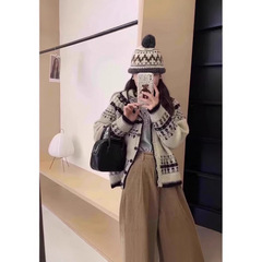氛围感费尔岛提花连帽针织开衫女秋冬北欧风撞色复古慵懒毛衣外套