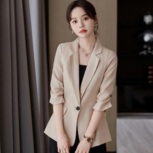 七分袖小西装外套女夏季薄款小个子气质休闲中袖亚麻小西服上衣女
