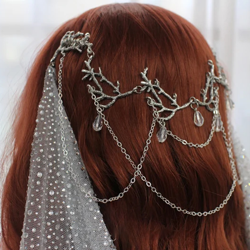 Cross-Border Forest Elf Style Silver Branch Hair Accessories Crystal Water Drop Chain Veil Style Headdress Bridal Head Chain