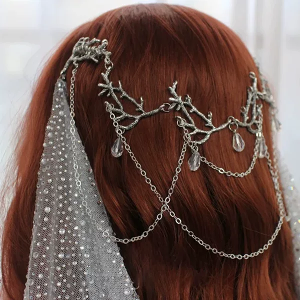 Cross-Border Forest Elf Style Silver Branch Hair Accessories Crystal Water Drop Chain Veil Style Headdress Bridal Head Chain