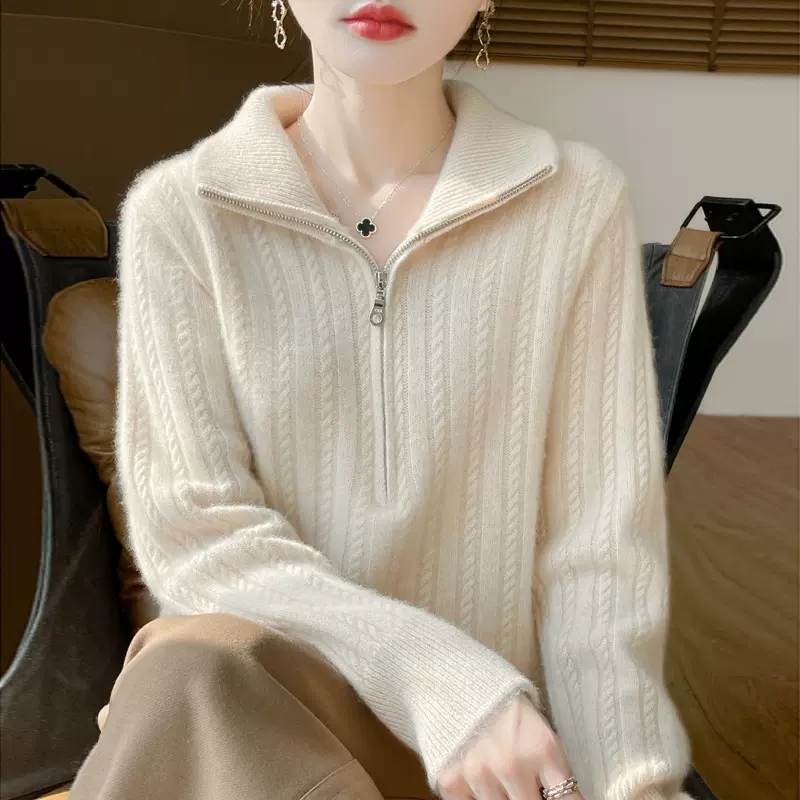 2025秋冬新款高领100纯羊毛衫女宽松显瘦气质扭花半拉链毛衣上衣