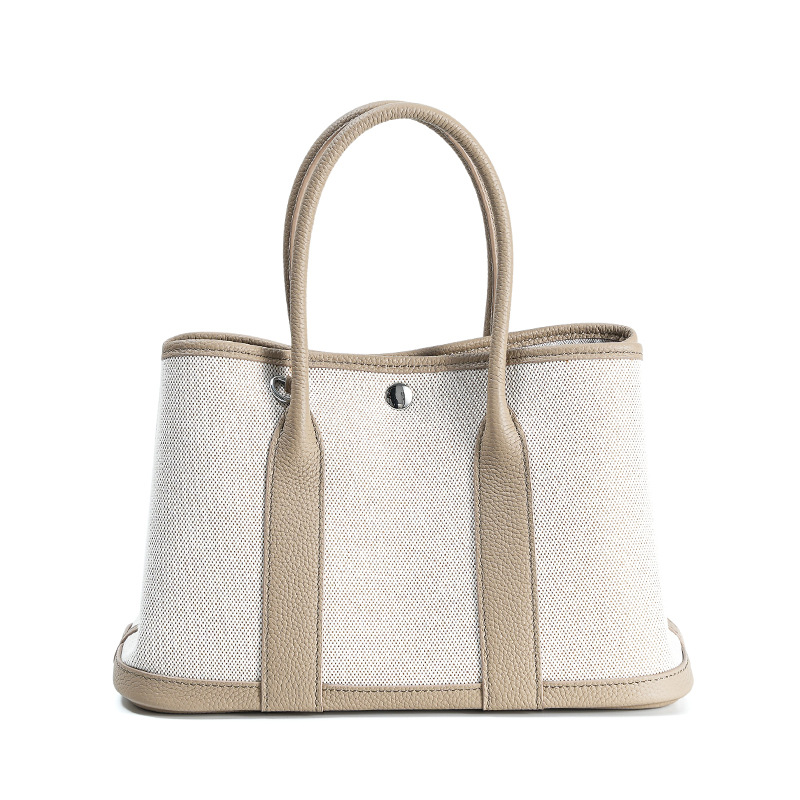Canvas with top layer cowhide women's bag, garden handbag, high-quality high-capacity leather contrasting single_voghion.com